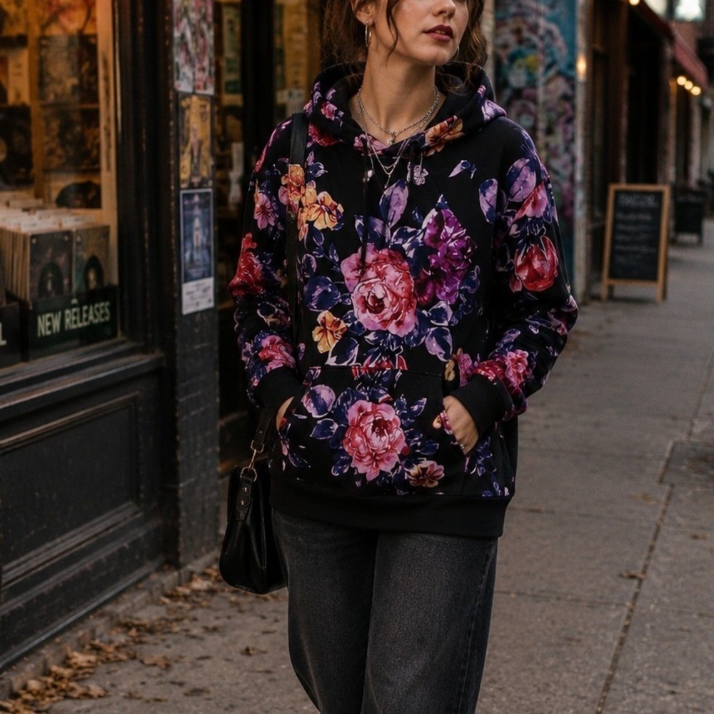 Lildy SuperSoft Hoodie Womens L-XL Black Floral Long Sleeve Kangaroo Pocket Top